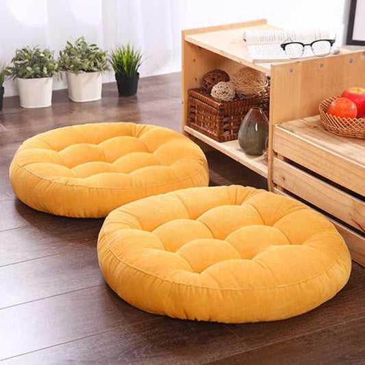 Velvet Round Floor Cushions With Ball Fiber Filling (2 Pieces) - Yellow