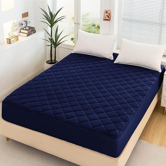 Cotton Quilted Waterproof Mattress Cover - Dark Blue