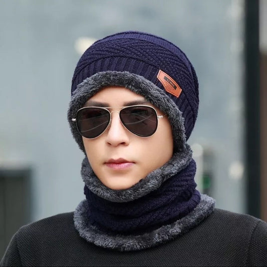 Unisex Beanie Wool Cap with Neck Warmer - Blue