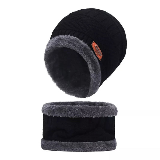 Unisex Beanie Wool Cap with Neck Warmer - Black